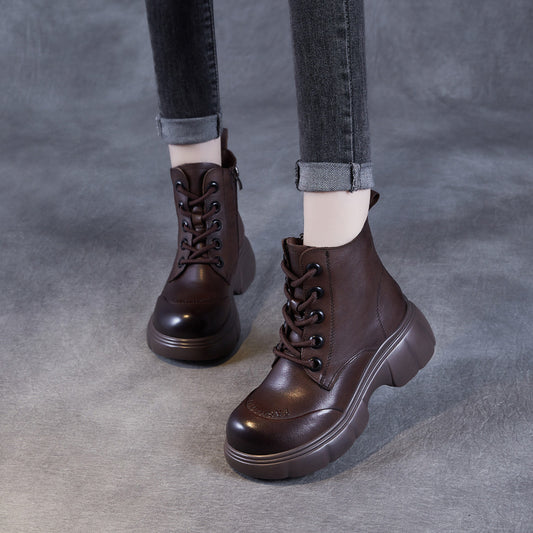 Women's Resin Sole Martin Chunky Round Head Ankle Genuine Boots