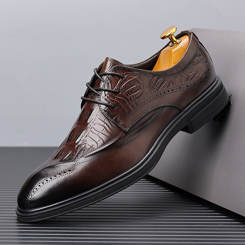 Men's Layer Cowhide Brogue Crocodile Pattern Breathable Men's Business Leather Shoes