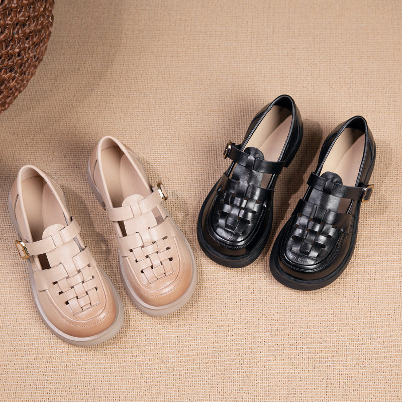 Women's Layer Cowhide Summer British Style Retro Beige Sandals