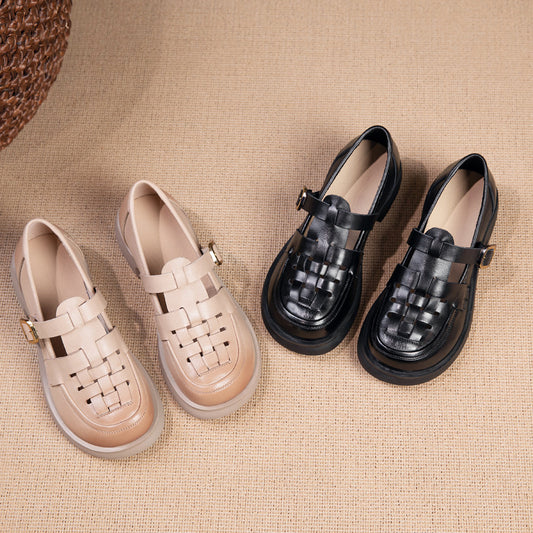 Women's Layer Cowhide Summer British Style Retro Beige Sandals