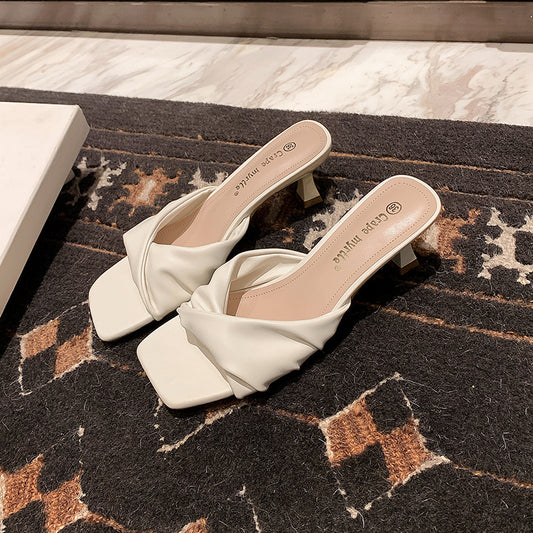 Fashion French Square Head Pleated Word Heels