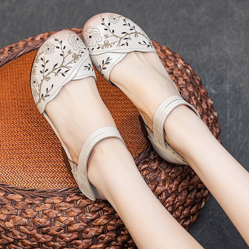 Women's Summer First Layer Cowhide Thick Mid Retro Chinese Heels