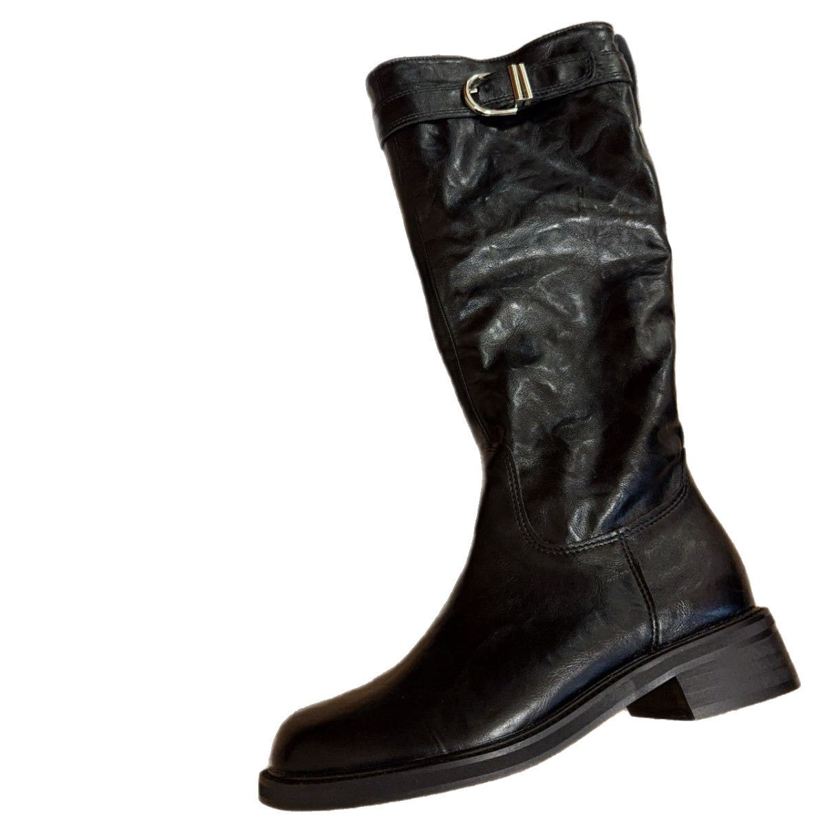 Women's Slimming Chunky Belt Buckle Knight Pleated Boots
