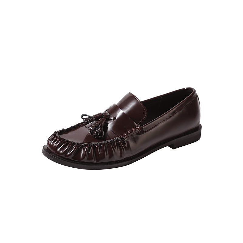 Women's British Patent Tassel Woven Round Toe Pumps Leather Shoes