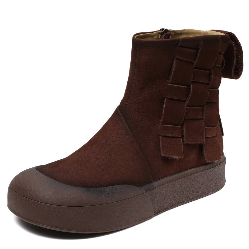 Women's Cowhide Woven Short Soft Bottom Vintage Boots