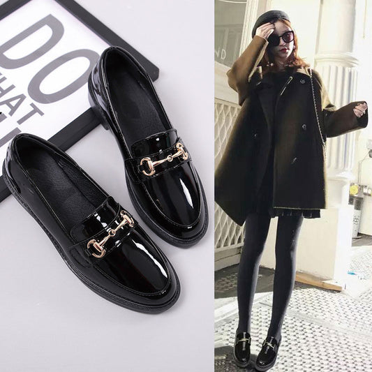 Women's Black Round Small British Flat Korean Casual Shoes