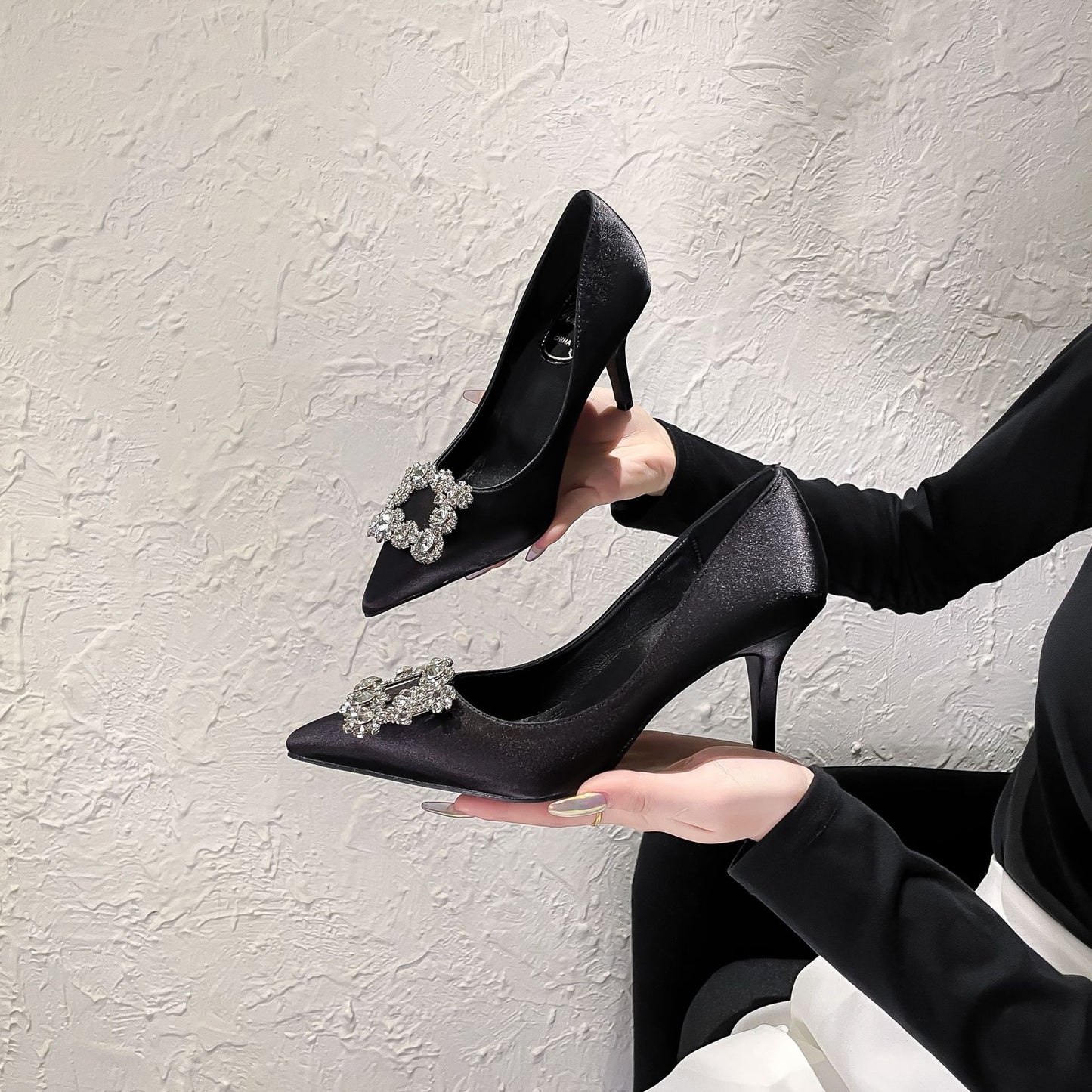 Women's Square Buckle Satin Black Single-layered Low-cut Women's Shoes