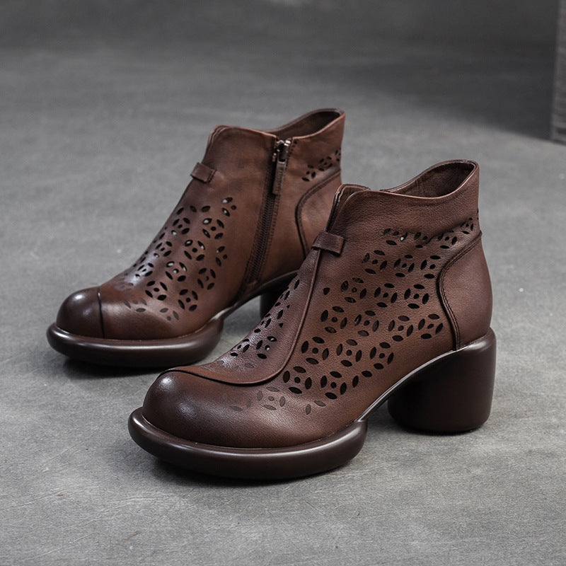 Round Head First Layer Cowhide Retro Heels