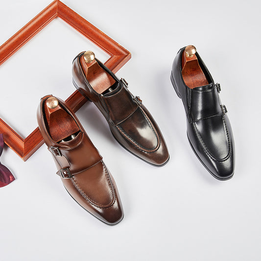 Men's Pointed British Style Double Buckle Monk Leather Shoes