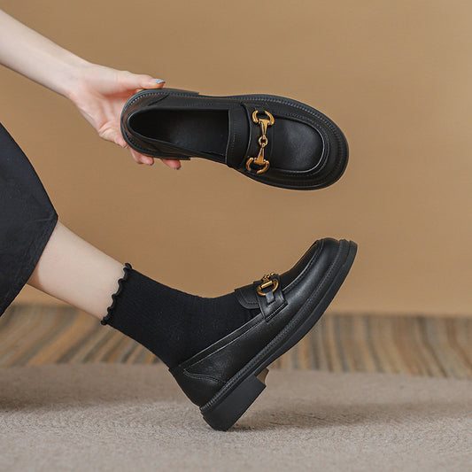 Women's Genuine Black Slip-on Small British Style Loafers