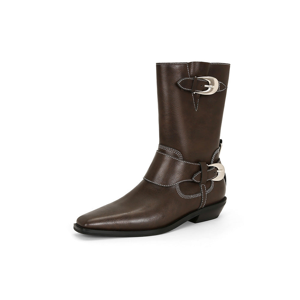 Women's Square Toe Metal Buckle Chunky Short Western Boots