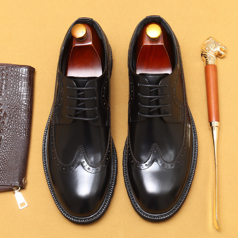 Men's Brogue Formal Business Platform Glossy Elevator Leather Shoes