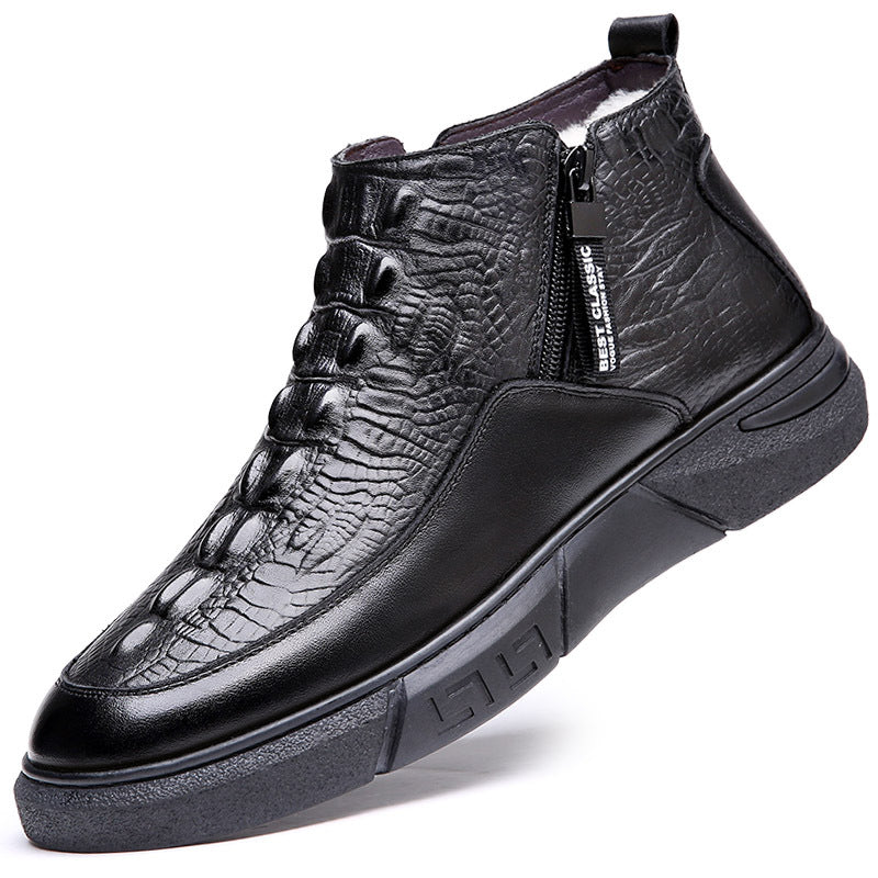 Men's Winter First Layer Cowhide Crocodile Pattern Wool Cotton Fleece-lined Men's Shoes