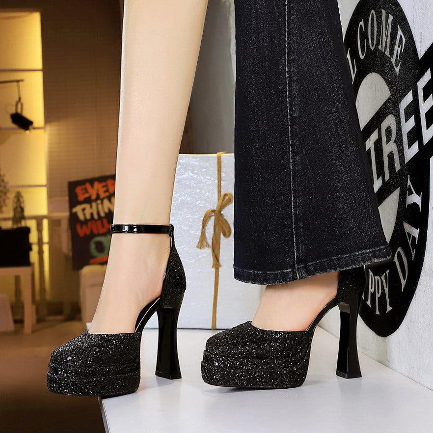 Women's High Sequin Hollow Waterproof Platform Round Heels