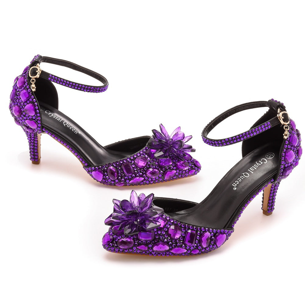 Women's Plus Size Stiletto Pointed Crystal Glass Flower High Champagne Heels