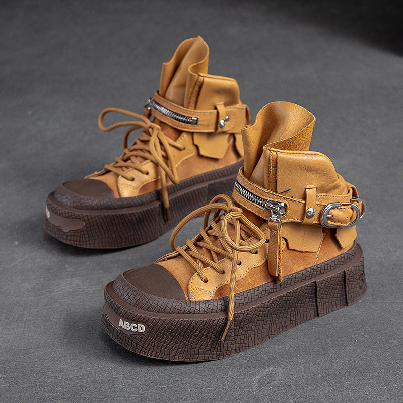 Women's Shu Low-cut Ankle Top Layer Cowhide Round Toe Boots