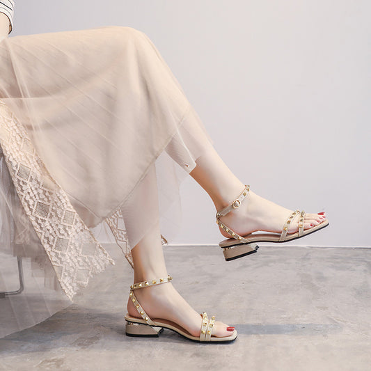 Women's Roman Rivet Chunky Summer Low Strap Fairy Heels