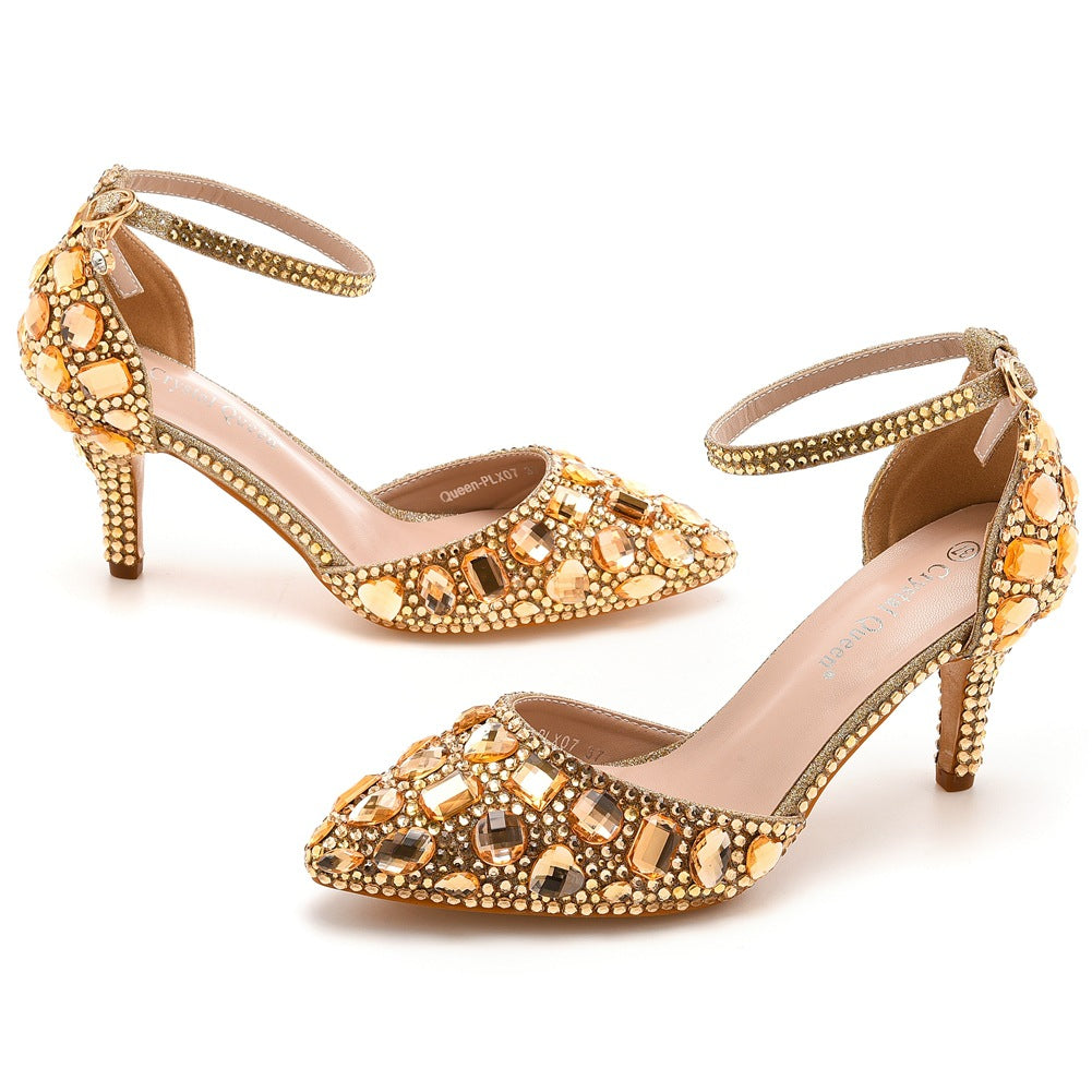 Stiletto Pointed Toe Rhinestone High Gold Heels