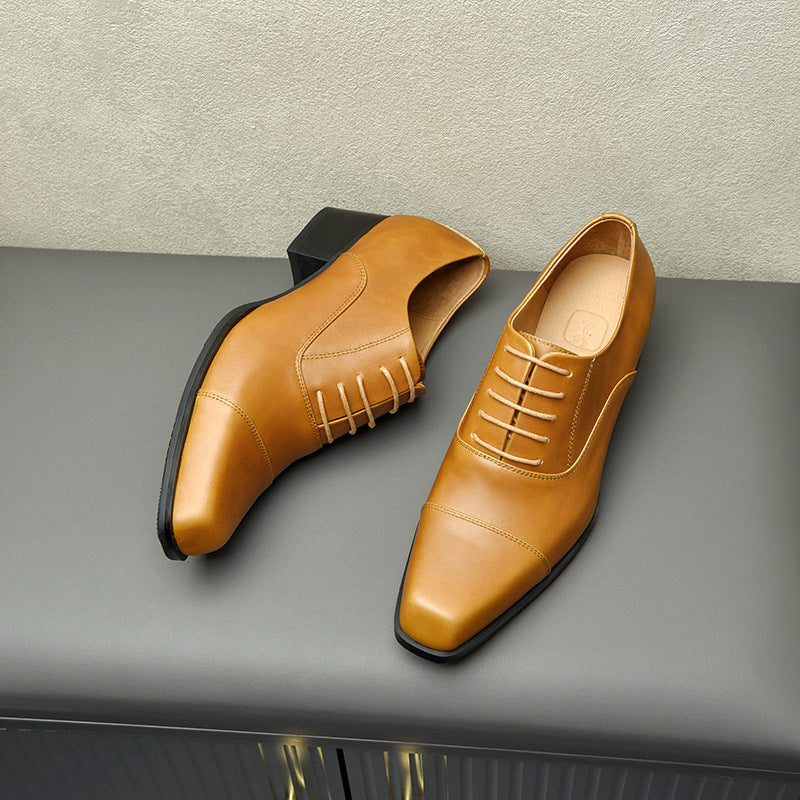 Men's High-grade British Style Square Toe High First Layer Cowhide Leather Shoes