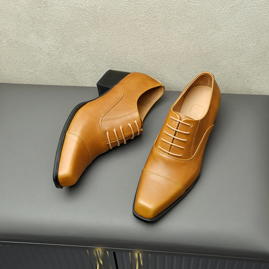 Men's High-grade British Style Square Toe High First Layer Cowhide Leather Shoes