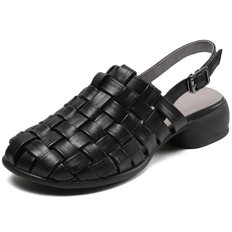 Women's Toe Summer Genuine Retro Hand-woven Chunky Comfortable Soft Heels