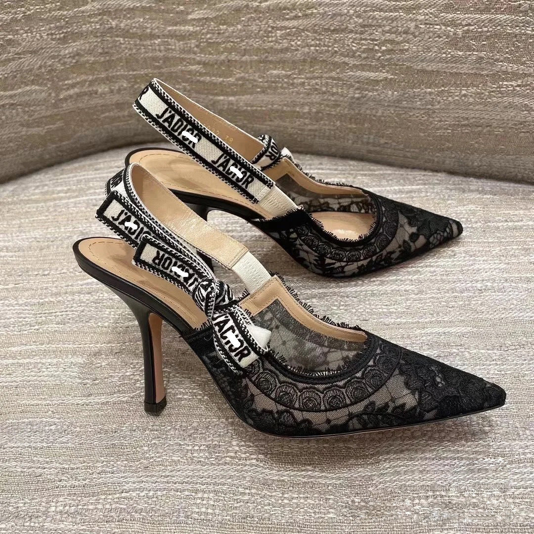 Women's Lace Summer Embroidered Bow Pointed Mesh Heels