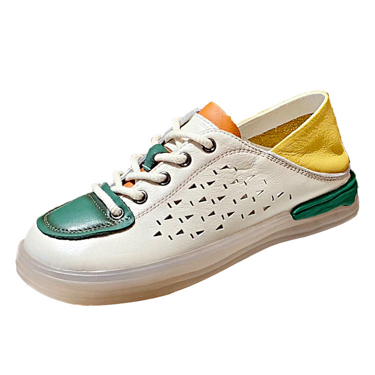 Women's Hole Top Layer Cowhide Soft Bottom Surface Flat Casual Shoes