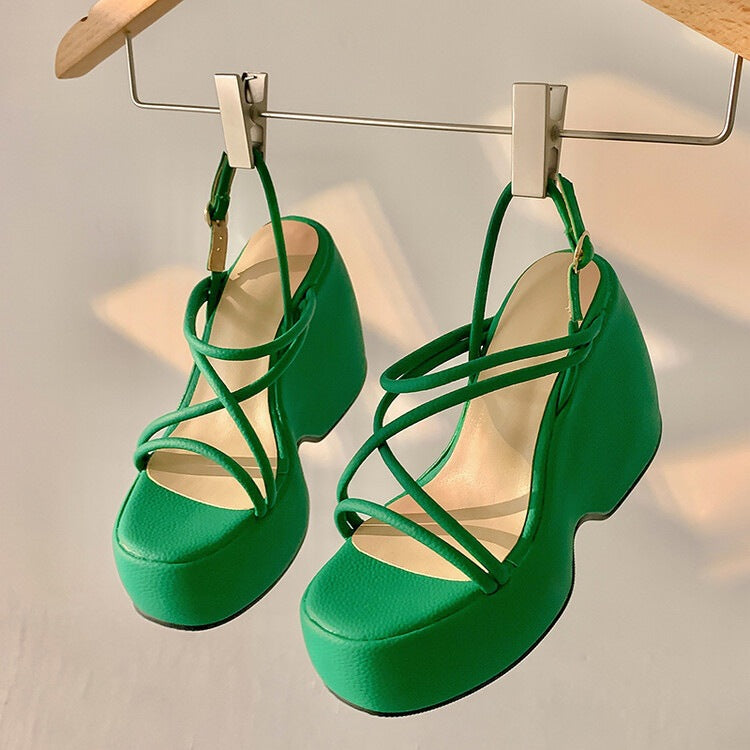 Round Toe Thin Strap Open Platform Sandals
