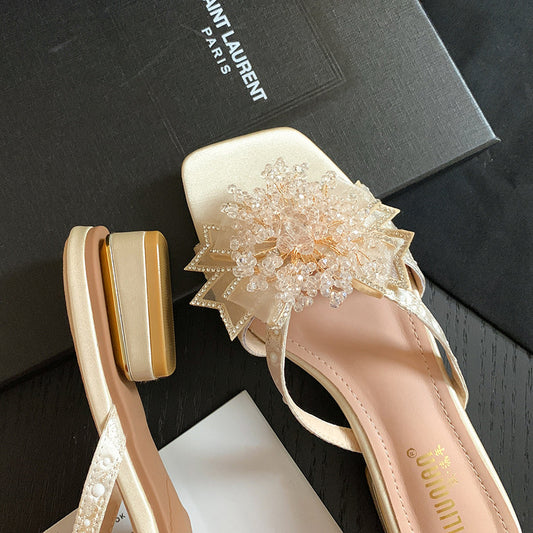 Women's Flower Summer Korean Style Square Toe Chunky Plus Heels