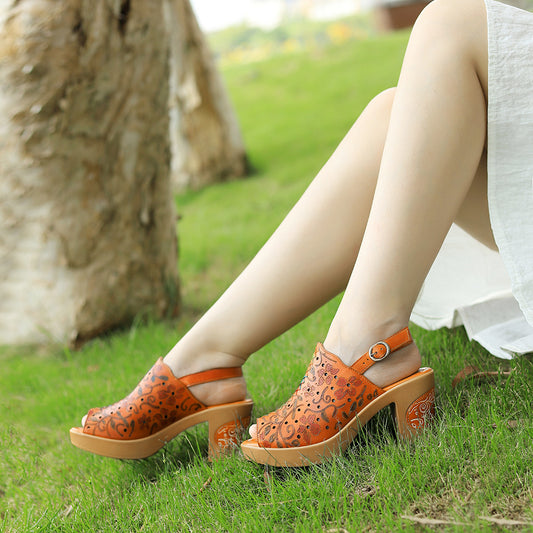 Color Printed Hollow Comfort Chunky Buckle Heels