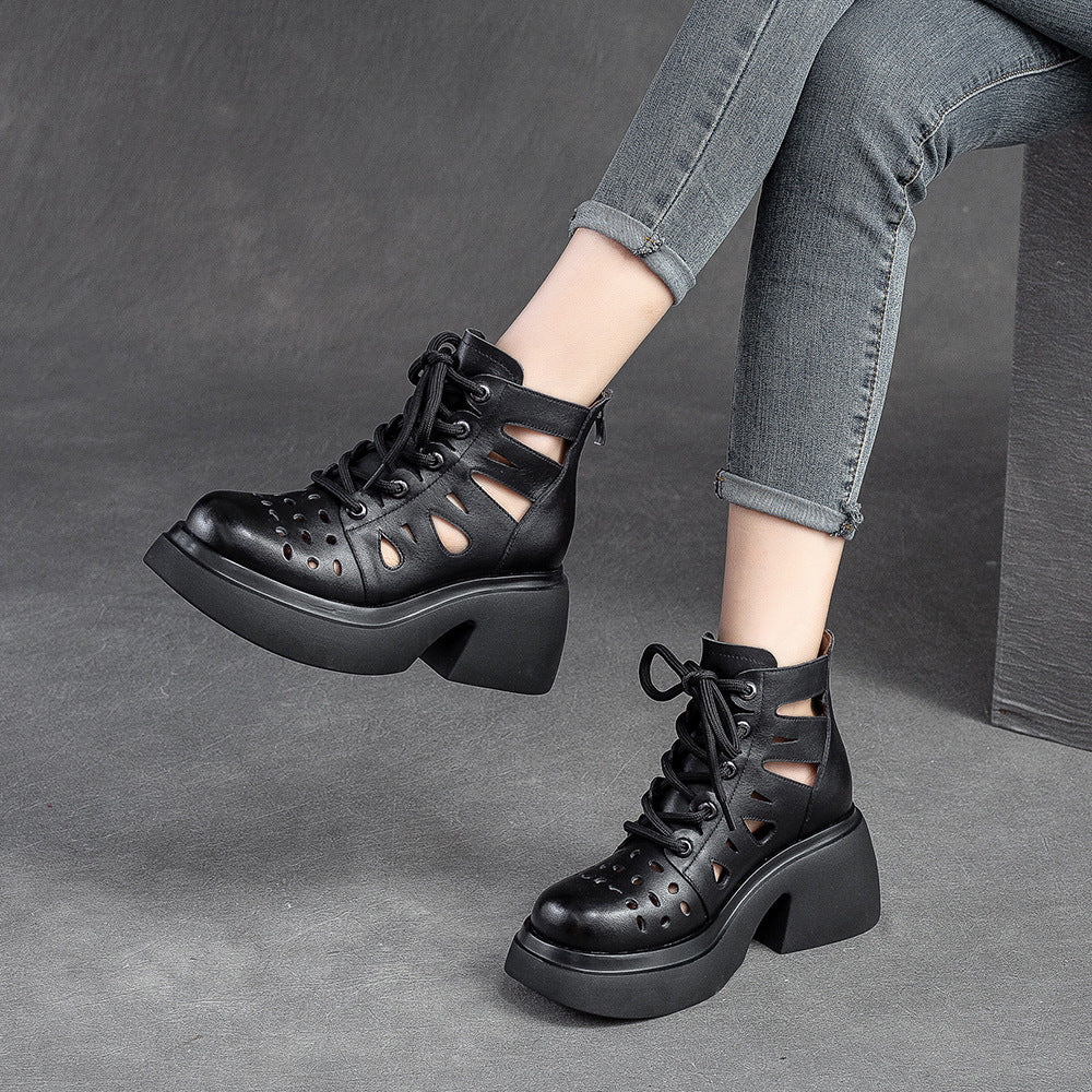 Women's Breathable Hole Front Top Layer Cowhide Heels