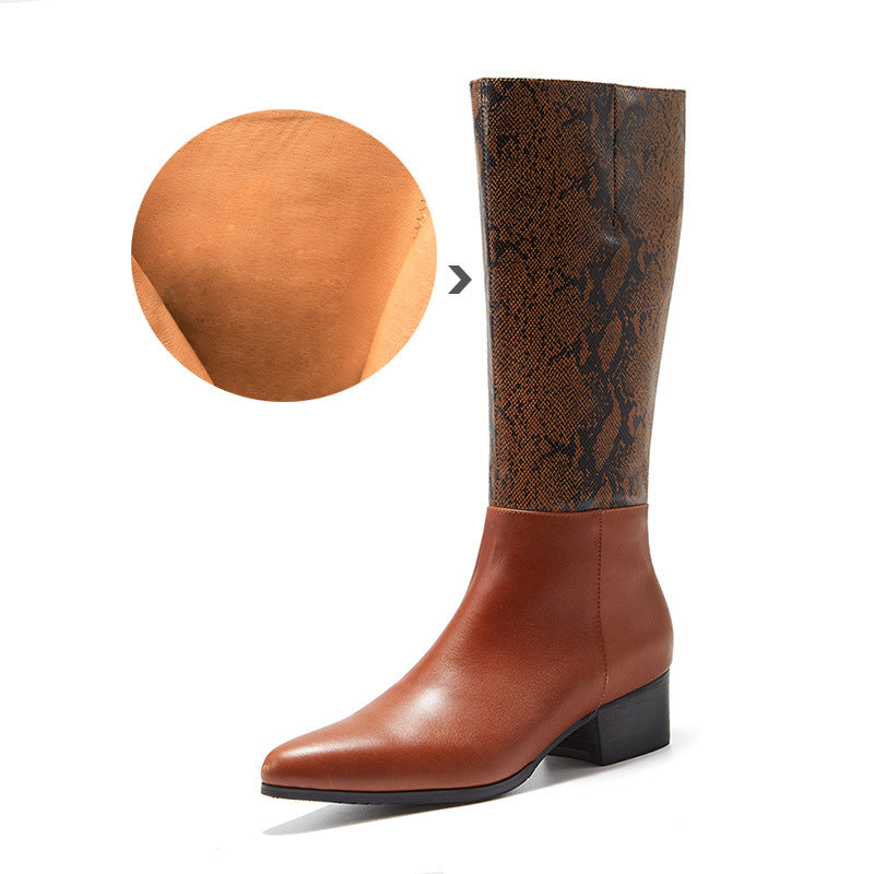 Men's Pointed Toe Fashion Brown Python Embossed Boots