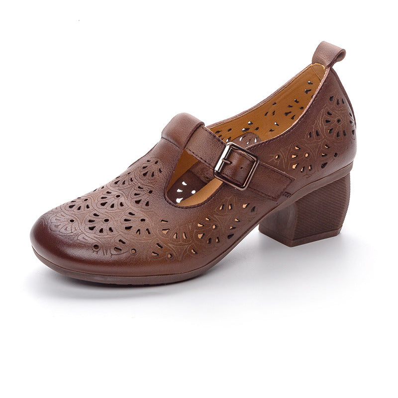 Women's Bottom First Layer Cowhide Punch-hole Round Heels