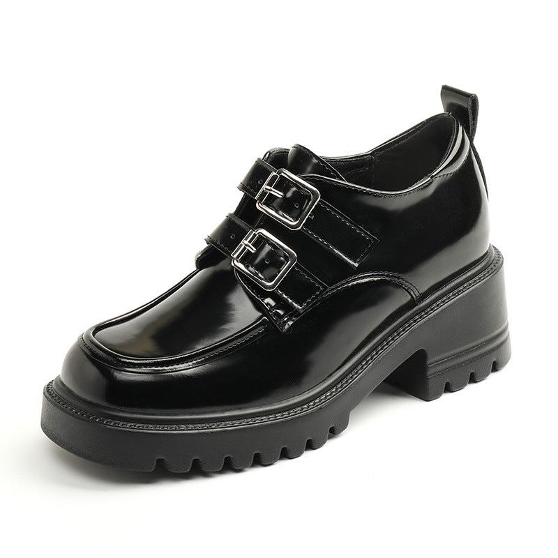Women's Single Metal Double Buckle Glossy British Loafers