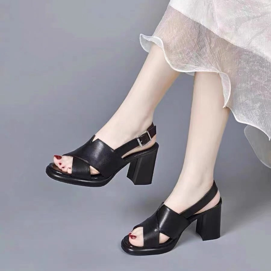 Women's Cowhide High Summer Small Thick-soled Peep Heels