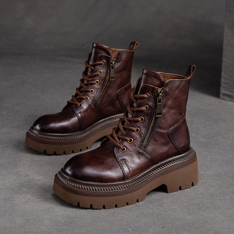 Women's & Men's Thick-soled British Style Ankle Top Layer Cowhide Boots