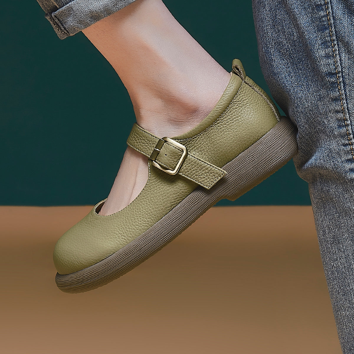 Women's With Round Head British Pumps Color Leather Shoes