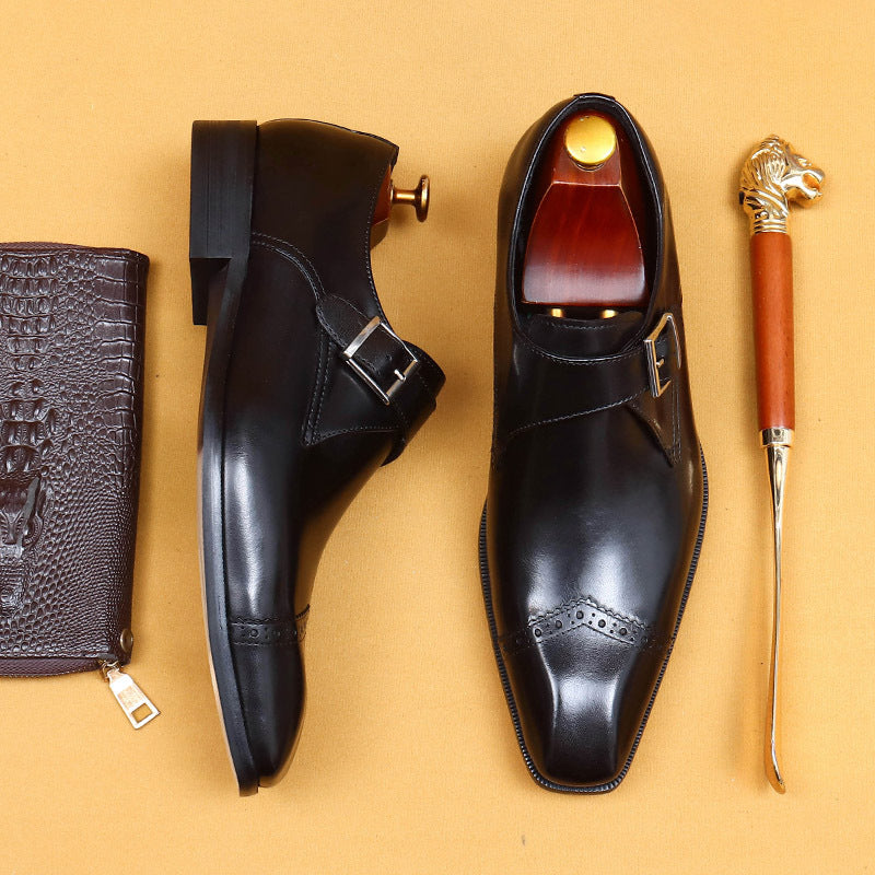 Men's Custom Monk British Vintage Buckle Formal Wear Authentic Square Men's Business Leather Shoes