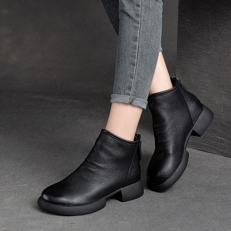 Women's Top Layer Cowhide Flat Round Head Boots