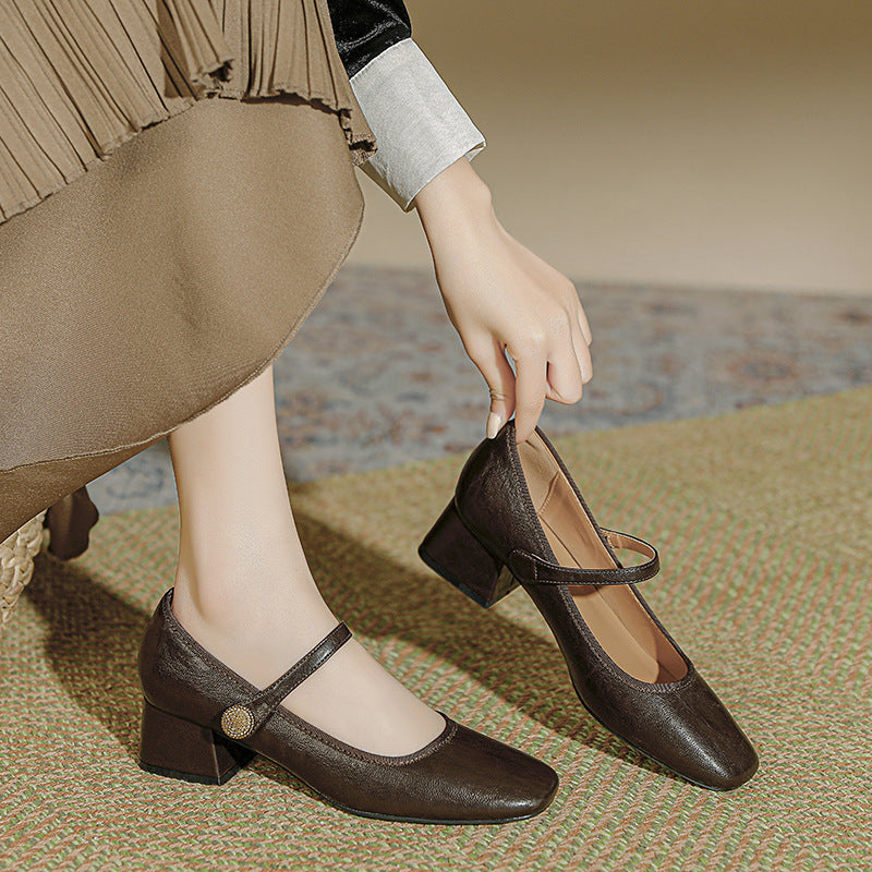 Women's Sheepskin Version French Genuine Mary Jane Retro Word Heels