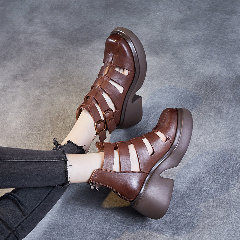 Women's Cowhide Summer Vintage Brogue Roman Subnet Sandals
