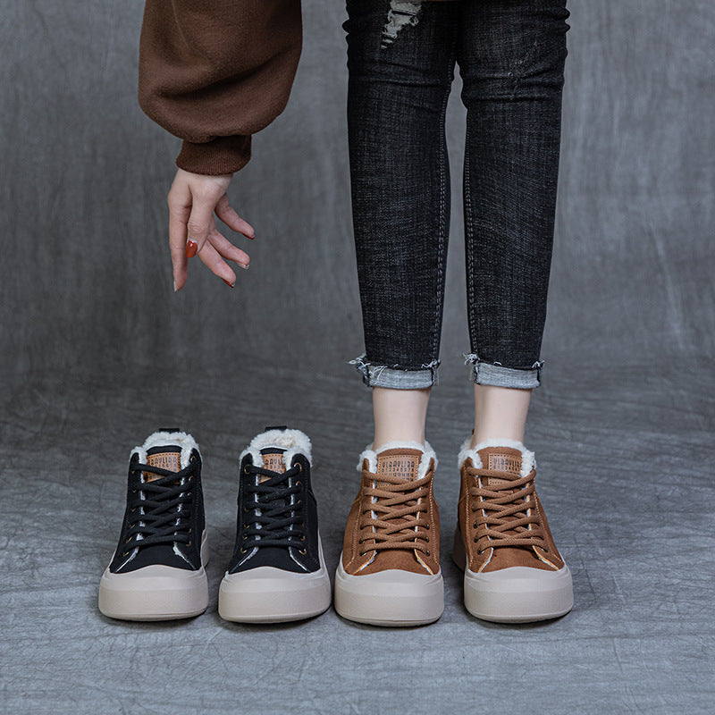 Women's Thick Fleece Warm Cowhide Vintage Platform Snow Boots