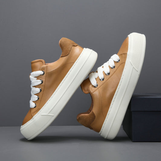 Men's Trendy Platform White Top Layer Cowhide Sneakers