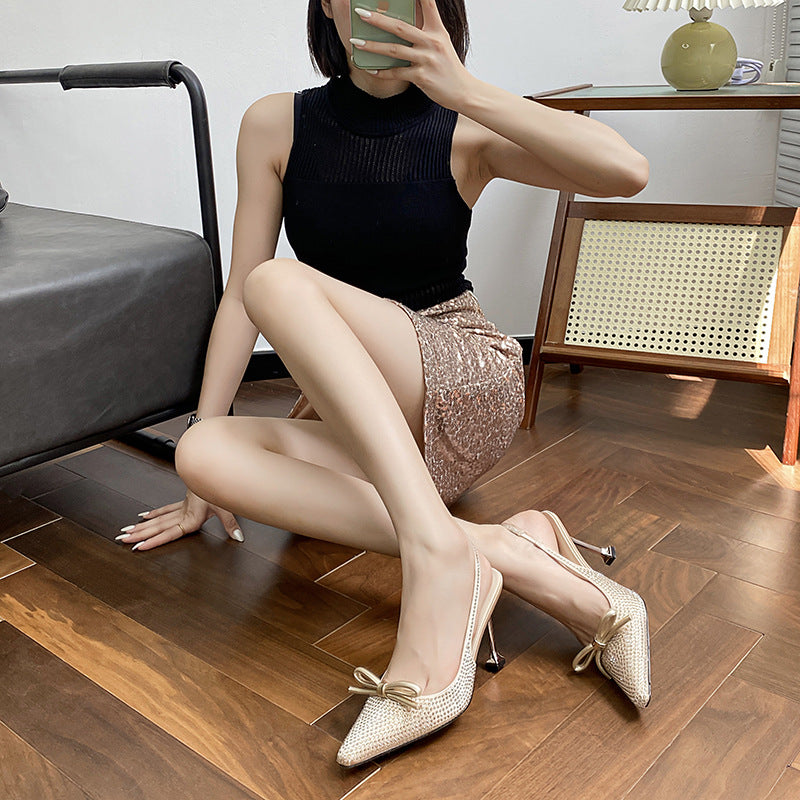 Show Stiletto Square Toe Bow High Closed Rhinestone Heels