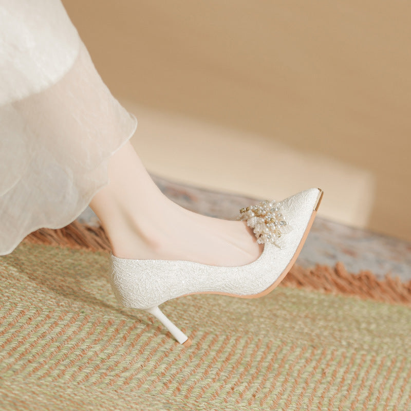 Women's French Wedding High Gentle Temperament Pearl Women's Shoes