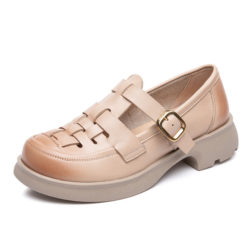 Women's Layer Cowhide Summer British Style Retro Beige Sandals