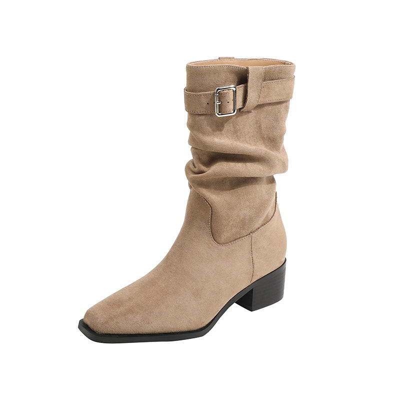 Women's Vintage Suede Short Western Cowboy Chunky Mid Boots