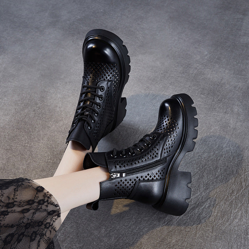 Women's First Layer Cowhide Retro British Platform Boots