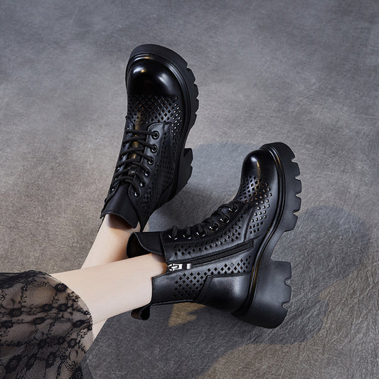 Women's First Layer Cowhide Retro British Platform Boots