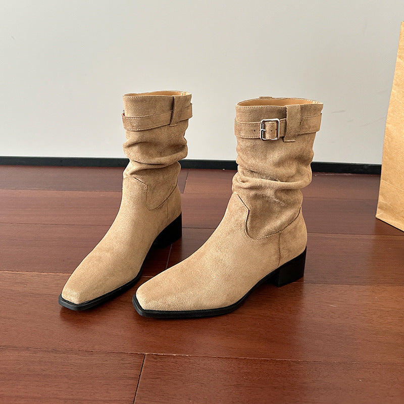 Women's Vintage Suede Short Western Cowboy Chunky Mid Boots